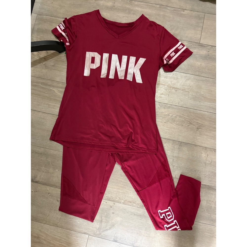 PINK 2 Piece Activewear Set Burgundy Shirt Leggings Small